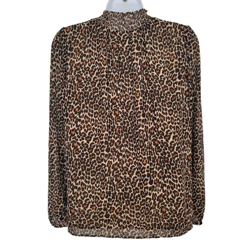 J Crew XS Leopard Print Smocked Long‎ Sleeve Blouse Mock High Neck Modest